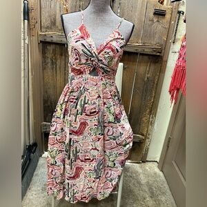 Angie Pink and Green Patterned Midi Dress